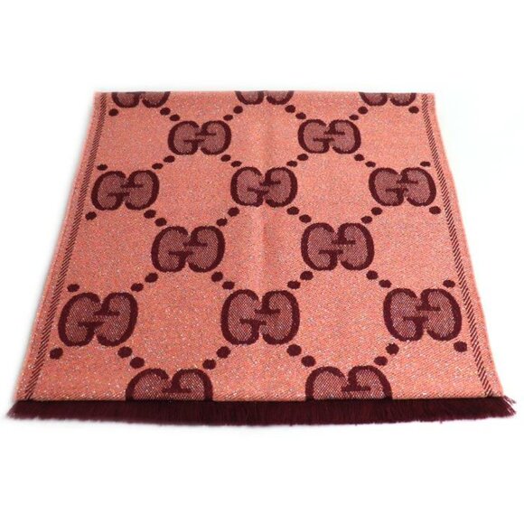 Gucci GG Wool Lame Jacquard Scarf Logo Scarf Pink Burgundy 3 Gc15 - Picture 2 of 5